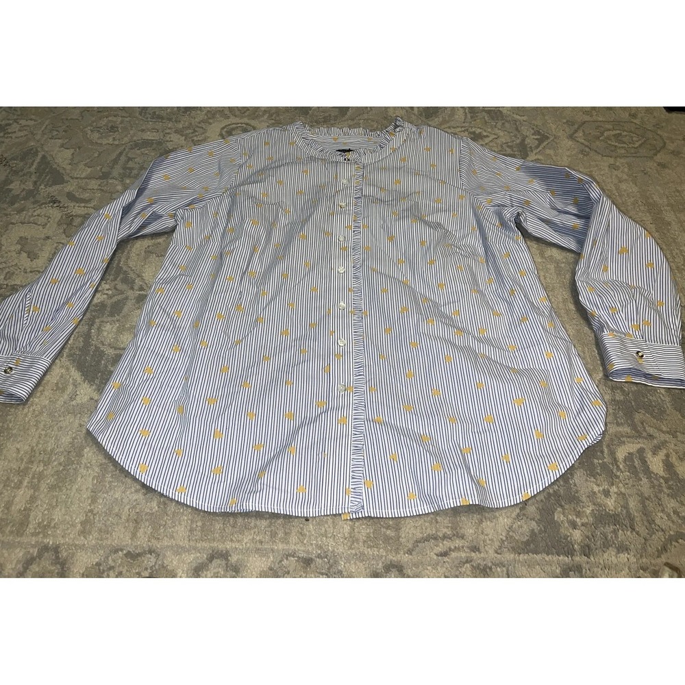Talbots Shirt Womens Sz 1X Plus Blue White Heart Stripe Ruffle Trim Button Shirt